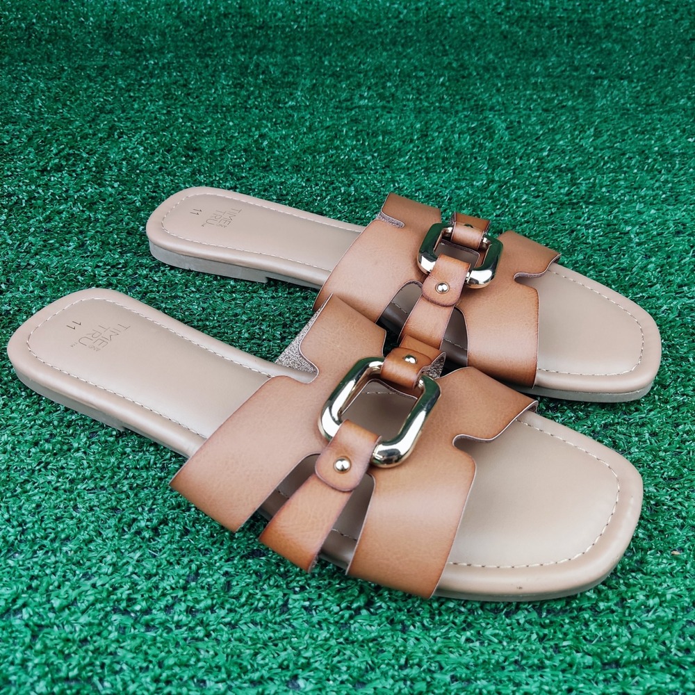 Time and Tru Sandals Womens 11 Brown Slide H-Band Gold Buckle Flat Casual Summer